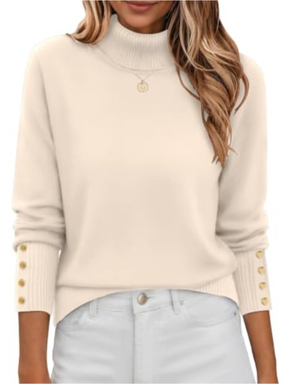 Womens Ribbed Turtleneck Sweater Long Sleeve Button Cuff Pullover